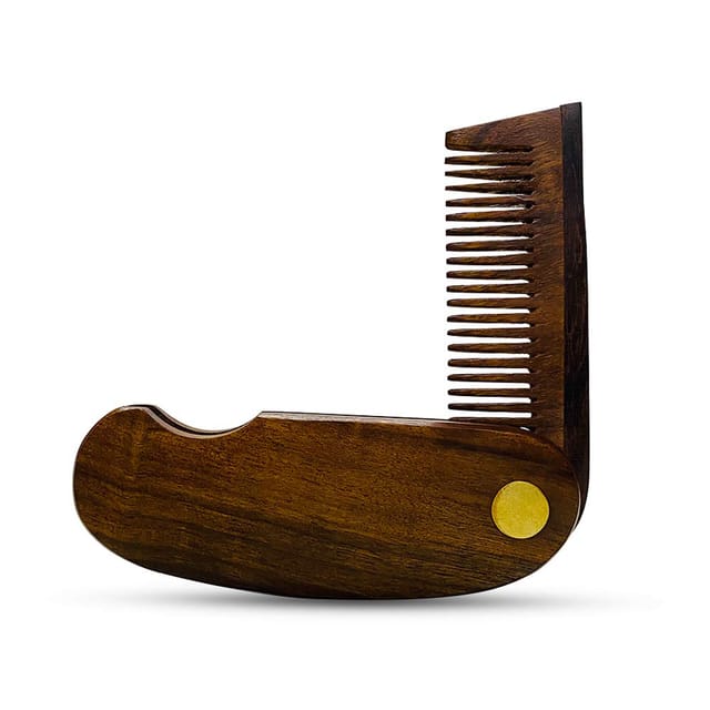 BeardHood Beard Comb Wooden with Leather Case Folding Pocket | Handmade Sheesham Wood