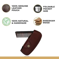 BeardHood Beard Comb Wooden with Leather Case Folding Pocket | Handmade Sheesham Wood